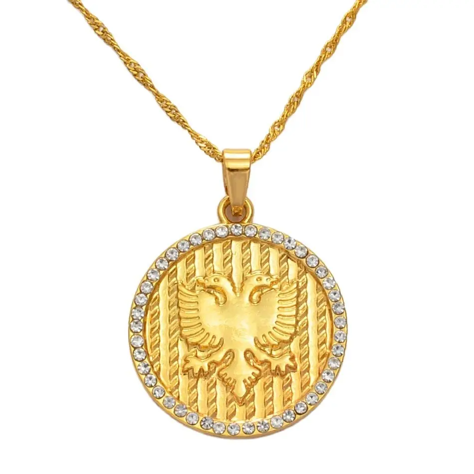 Anniyo Round Rhinestone Albania Eagle Pendant Necklace Gold Color Albanian Charms National Jewelry @231806