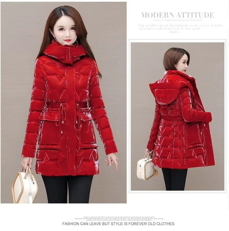 New Women's Down Cotton Coat Winter Warm Jacket Long Thick Bright Face Wash Padded Jackets Female Hooded Parker Overcoat Red 5XL