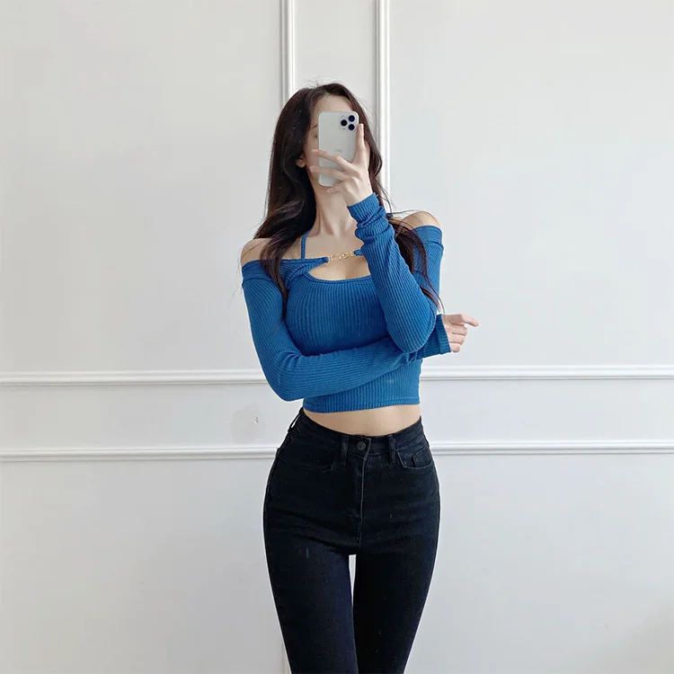 Sommer Slim Fit Komfortable Sexy Halter Strap Metall Schnalle T-shirt + Koreanische Slim Fit Kurze Stricken Top Frauen Set langarm Crop Top – Detail 11