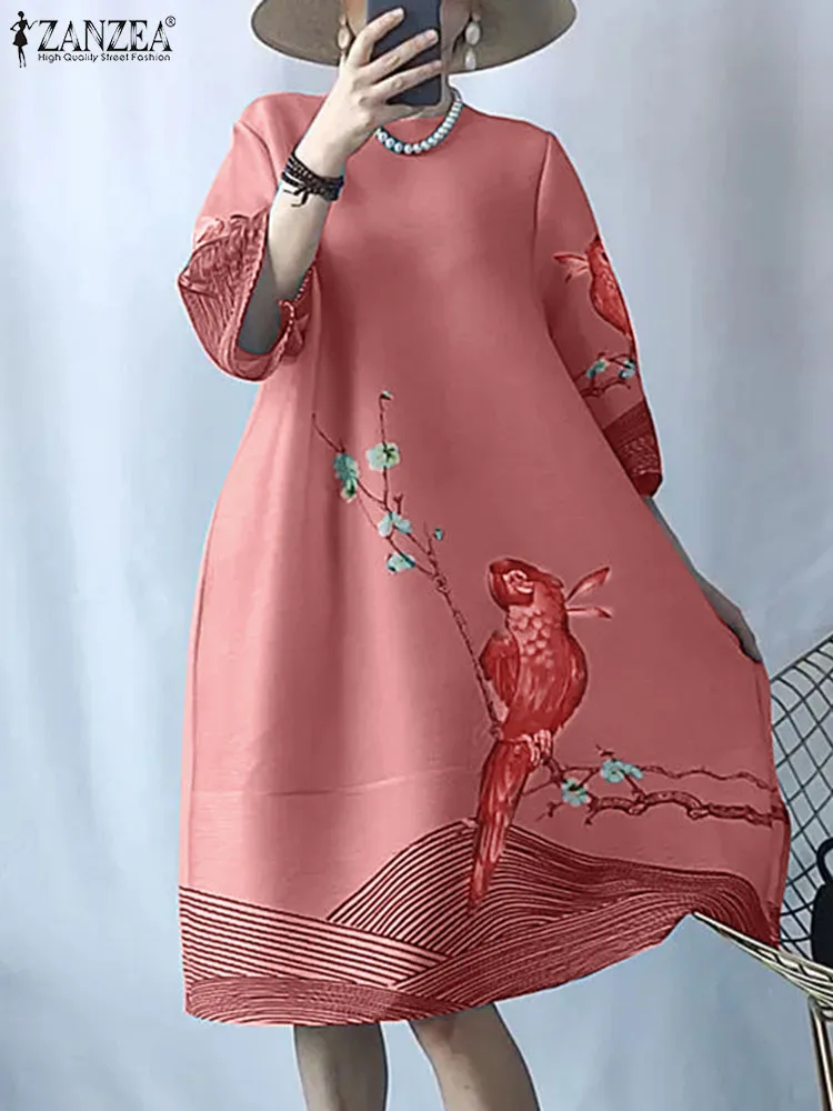 

Summer Elegant Party Midi Dress Casual Robe Femme ZANZEA Women Vintage 3/4 Sleeve Floral Printed Loose Sundress Holiday Vestido