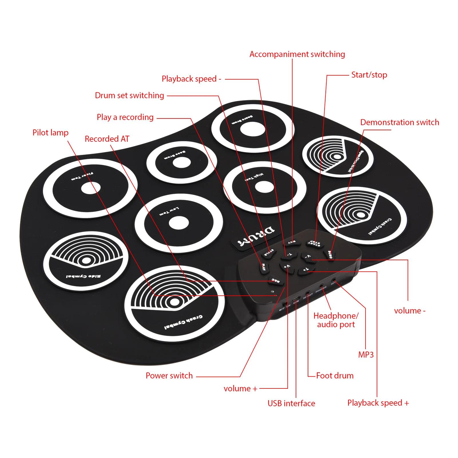 Electronic Drum Set Hand Roll Drum Set 9 Pads MIDI Interface Supports DTX Games without Speaker Birthday Gift Practice Pad