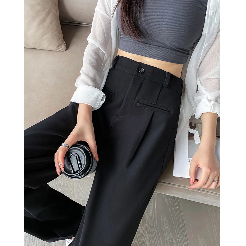 

Черные женские прямые брюки, корейские модные широкие брюки с высокой талией для женщин, новинка 2023, офисный костюм, повседневные Q812