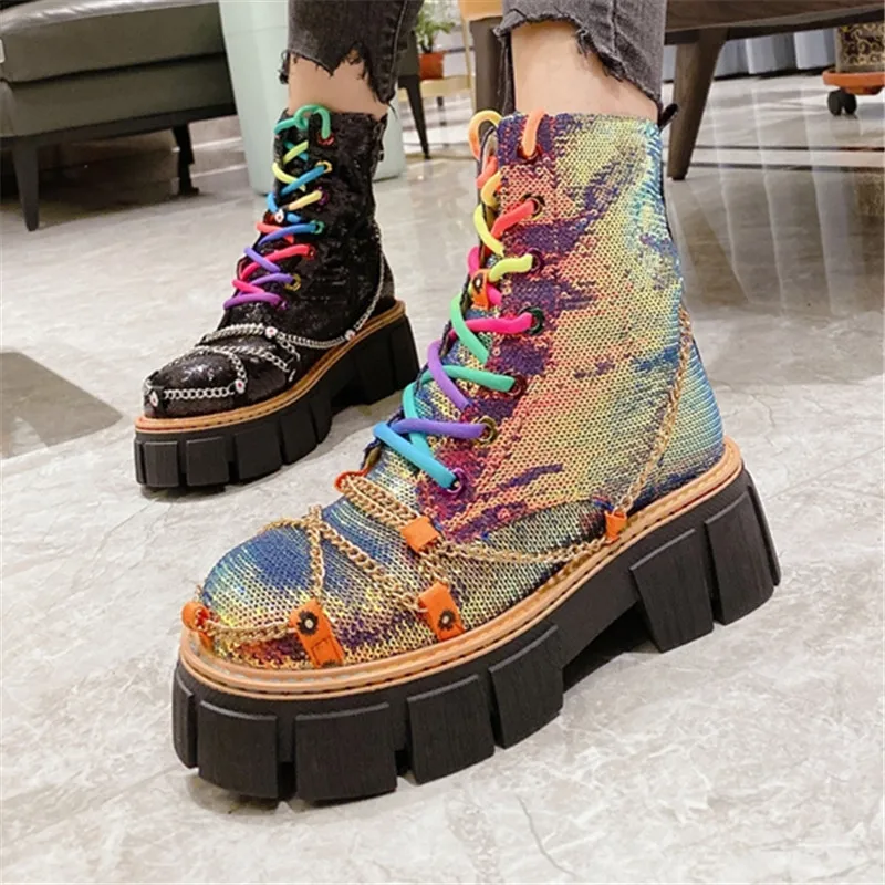 

Fashion Color Sequins Chain Motorcycle Boots Spring Autumn New Thick Bottom Women's Ankle Boots Machine Ladies Black Short Boots