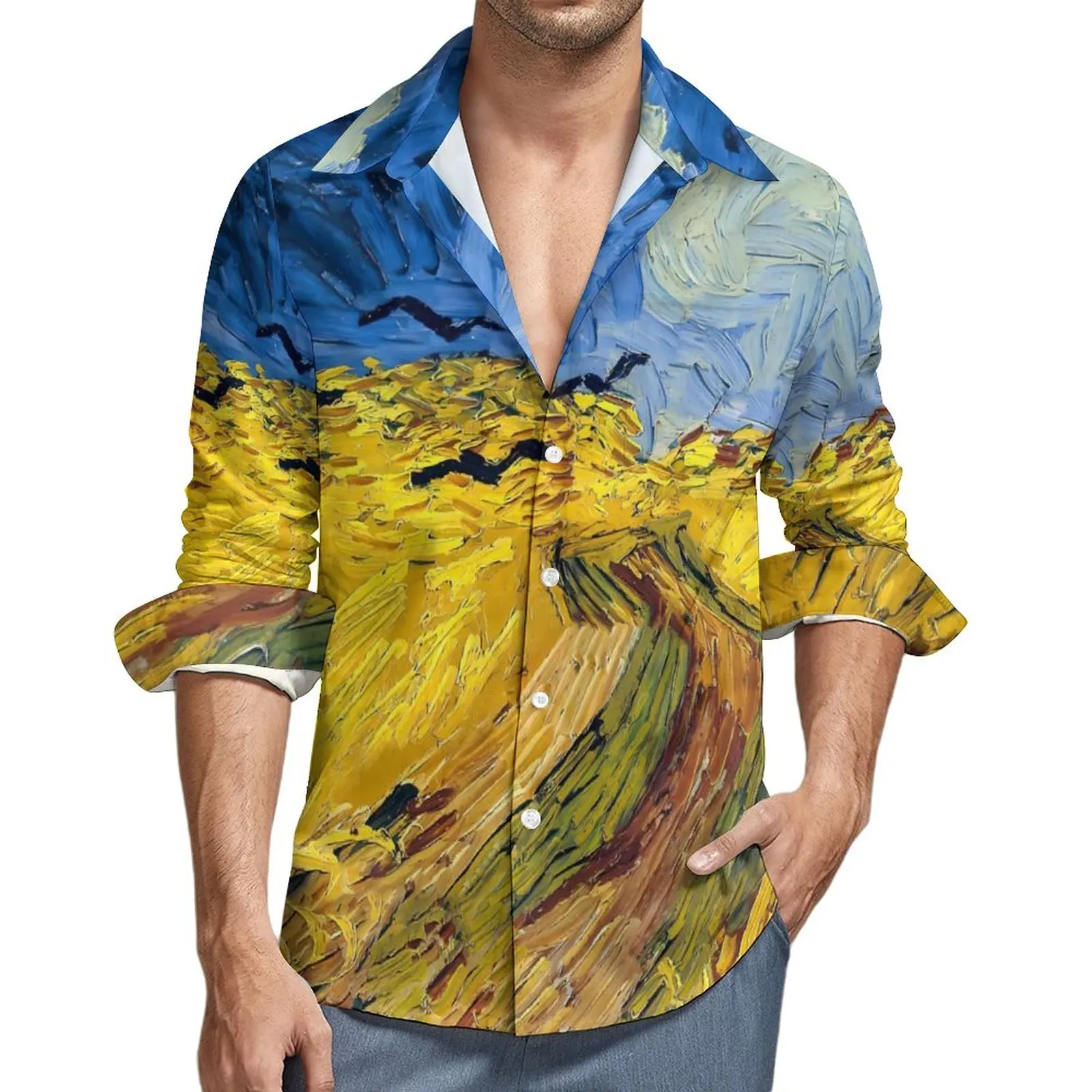 

Vincent Van Gogh Shirt Men Wheatfield with Crows Casual Shirts Autumn Street Blouses Long Sleeve Novelty Oversized Tops Gift