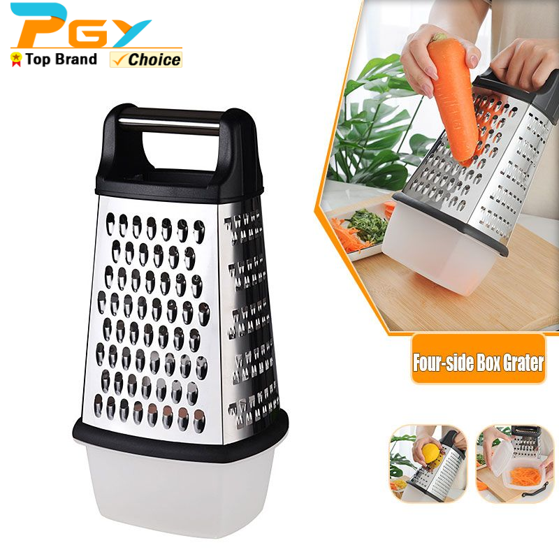 Stainless Steel Box Cheese Grater With Container 4 Sides Box Grater Handheld Kitchen Food Shredder for Vegetable Ginger Cutter