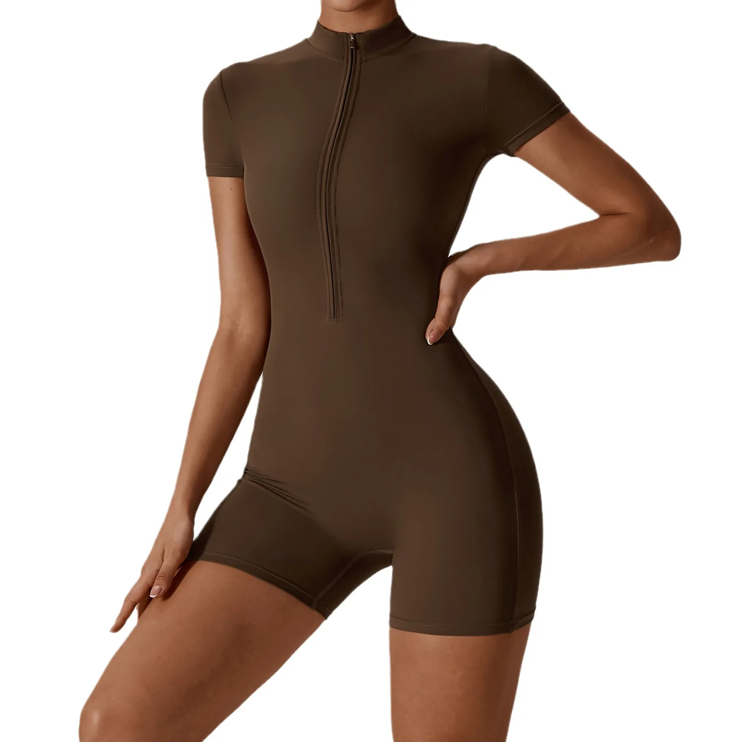 Summer zippered short sleeved yoga jumpsuit for women's dance, fitness, and tight fitting sports jumpsuit