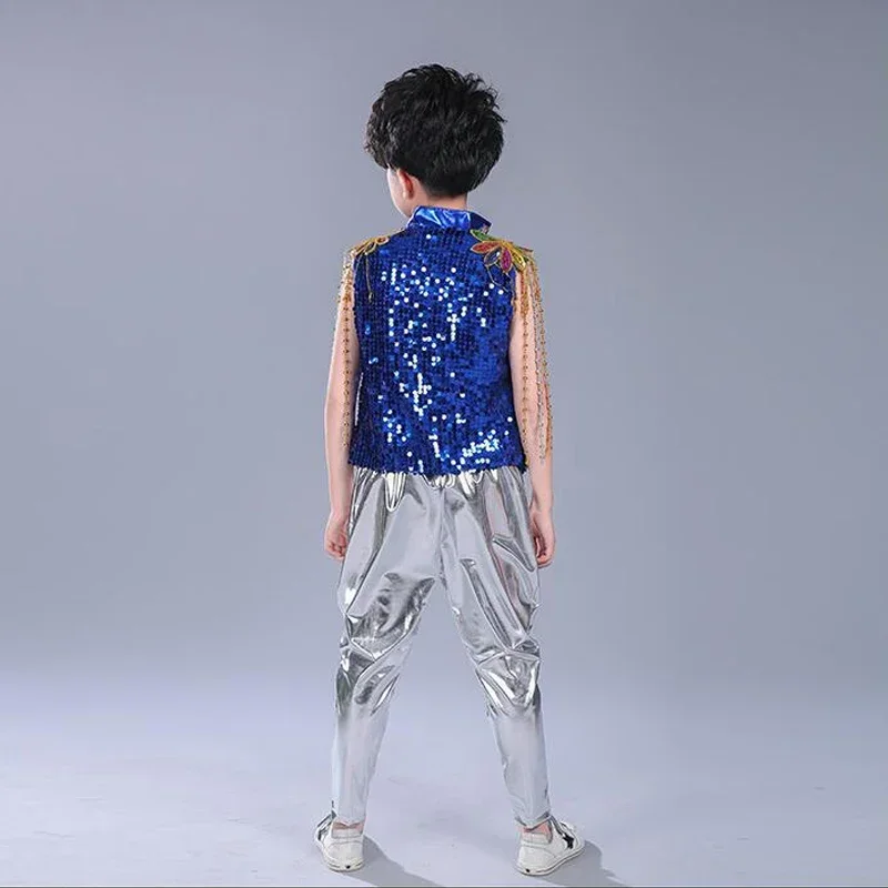 

Kids Sequined Hip Hop Outfits Girls Jazz Tap Dancing Tops+Pants Boy Child Dance Stage wear Ballroom Party Dancewear Costumes