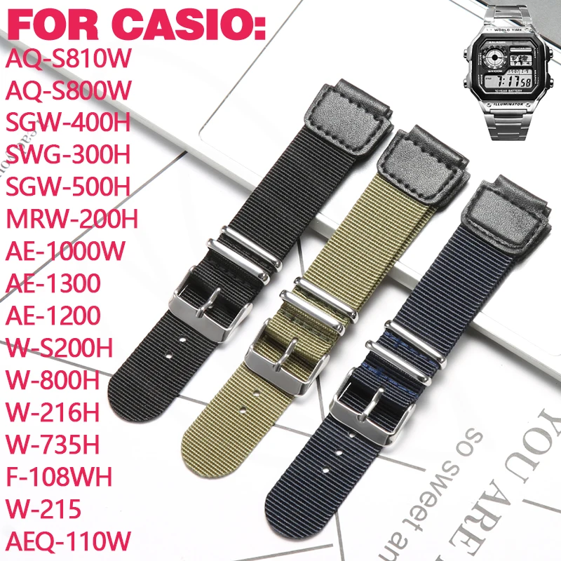 Nylon Uhrenarmband Kompatibel mit Casio AE1200WH AE-1000 SGW-300H SGW-400 AQ -S810W 18mm Herren Ersatz Lederarmband Edelstahl Ring (Army Green