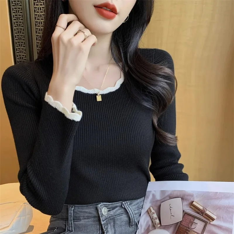 

sexy crew neck patchwork pull Sweater Korean sweet knit slim pullovers femme slouchy style Knitted Sweater Women tops