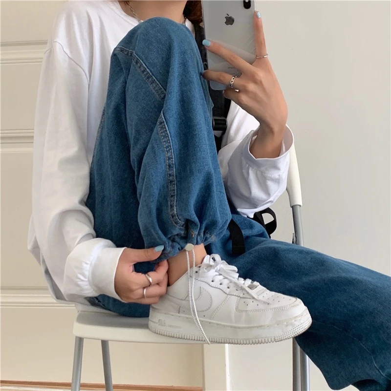 ladies jeans New Vintage All-Match Drawstring Jeans Women Thin Ins Streetwear Hip Hop High Waist Straight Wide Leg Long Pants Female Trousers dsquared jeans