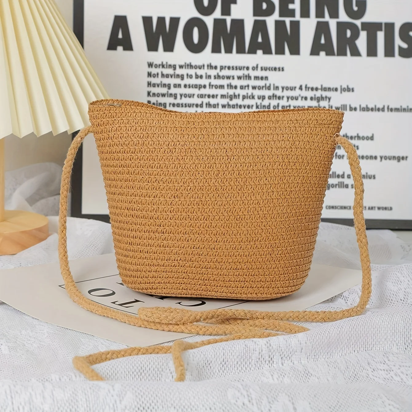 Elegant Beige Straw Crossbody Bag - Woven Texture, Zip Closure, Ideal for Beach Vacations, Weddings, Summer Outings