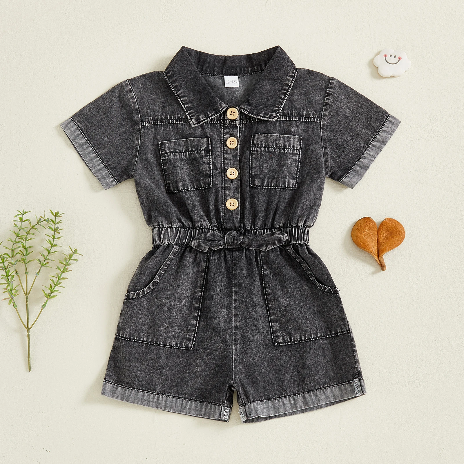 Toddler Girls Denim Shorts Overalls Short Sleeves Turn Down Collar Button Down Elastic Waist Jean Romper Jumpsuits 5