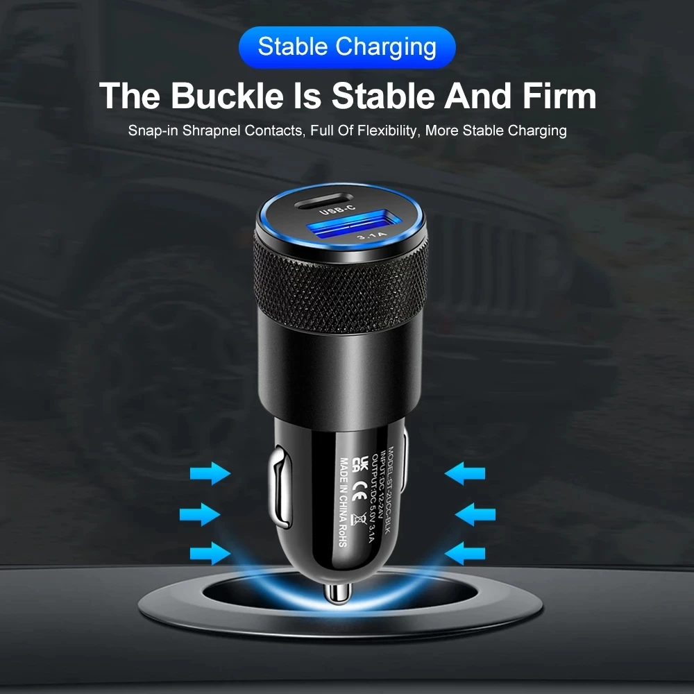 Phone Charger Adapter Type C USB 2 Port Car Charger 3A Fast Charging 12V 15W Cigarette Lighter Adapter Power Outlet for iPhone Samsung