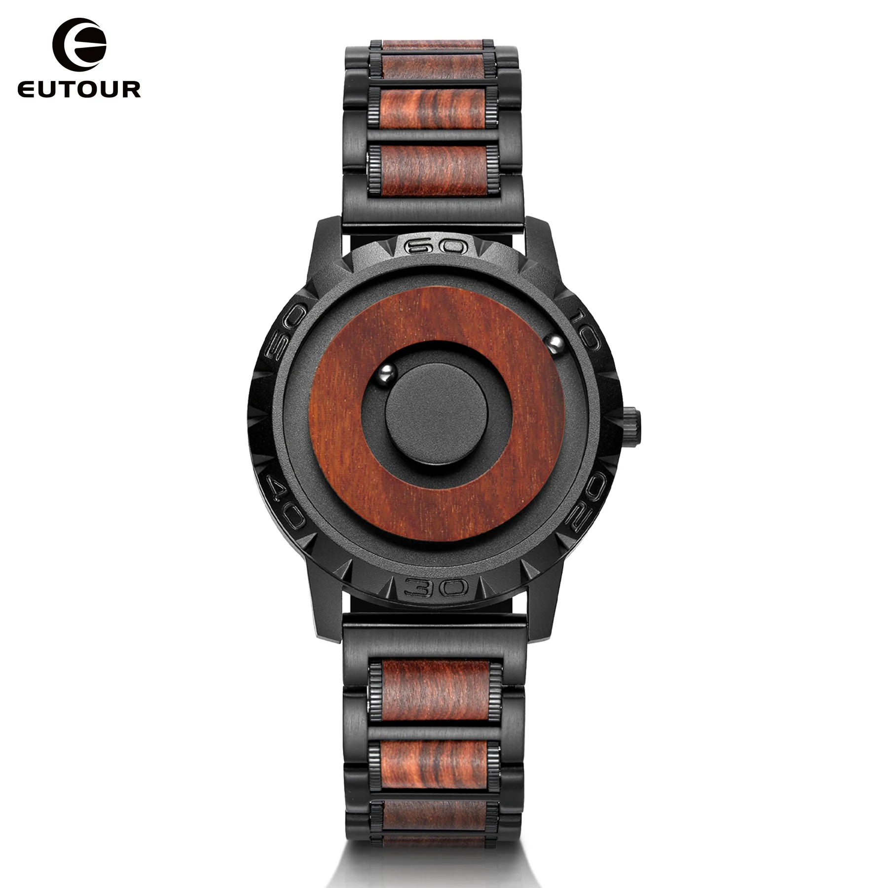 EUTOUR-Men's Solid Wood Magnetic Watch, Luxury Sport Quartz, Waterproof Watch, Original Fashion eutour minimalist novelty wood dial scaleless magnetic ball watch belt natural forest fashion men s couple watch lover gift