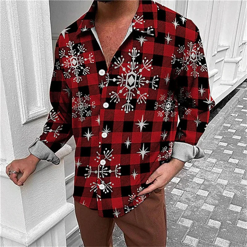 Fashion New 2023 Christmas Shirt Men's Shirt Snowflake Plaid 3D Printing Holiday Party Long Sleeve Shirt Oversized Shirt XS-6XL leggings christmas snowflake buffalo plaid skinny leggings in multicolor size l m s