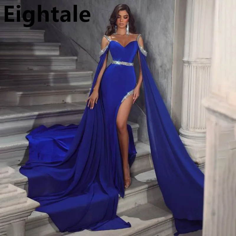 

Eightale 2023 Royal Blue Mermaid Slit Evening Party Dresses Beaded Floaty Sleeve Off Shoulder Party Gown Fitted Prom Dresses