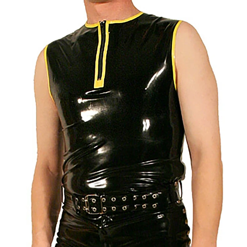 

Black And Yellow Trims Sexy Latex Vest With Short Front Zipper Round Collar Sleeveless Rubber Shirts Top Clothing YF-0409