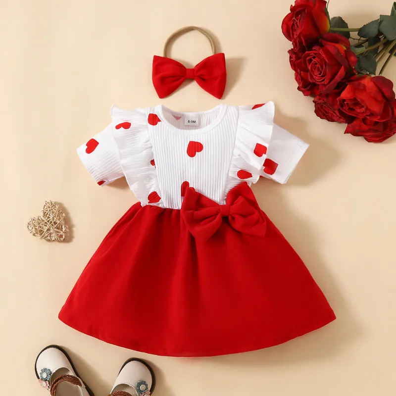 

Newborn Baby Girls Dress Valentine's Day Clothes Heart Print Rib Knit Short Sleeve Princess Dress with Headband