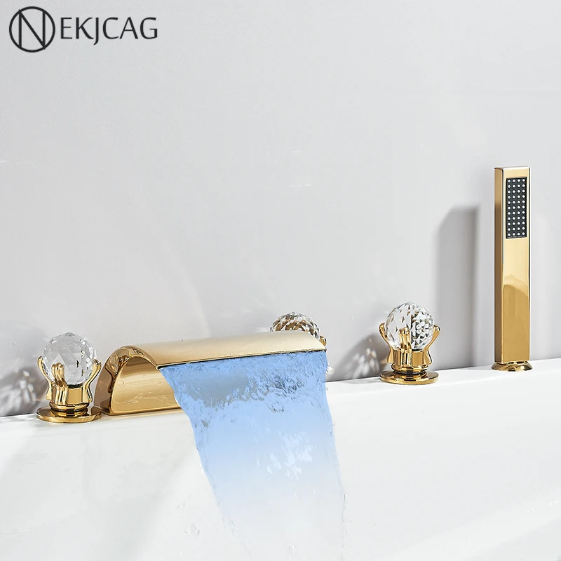 Gold LED Waterfall Bathtub Faucet Brass Tub Sink Tap Hot Cold Water Mixer Shower Faucets Deck Mounted 5 Hole