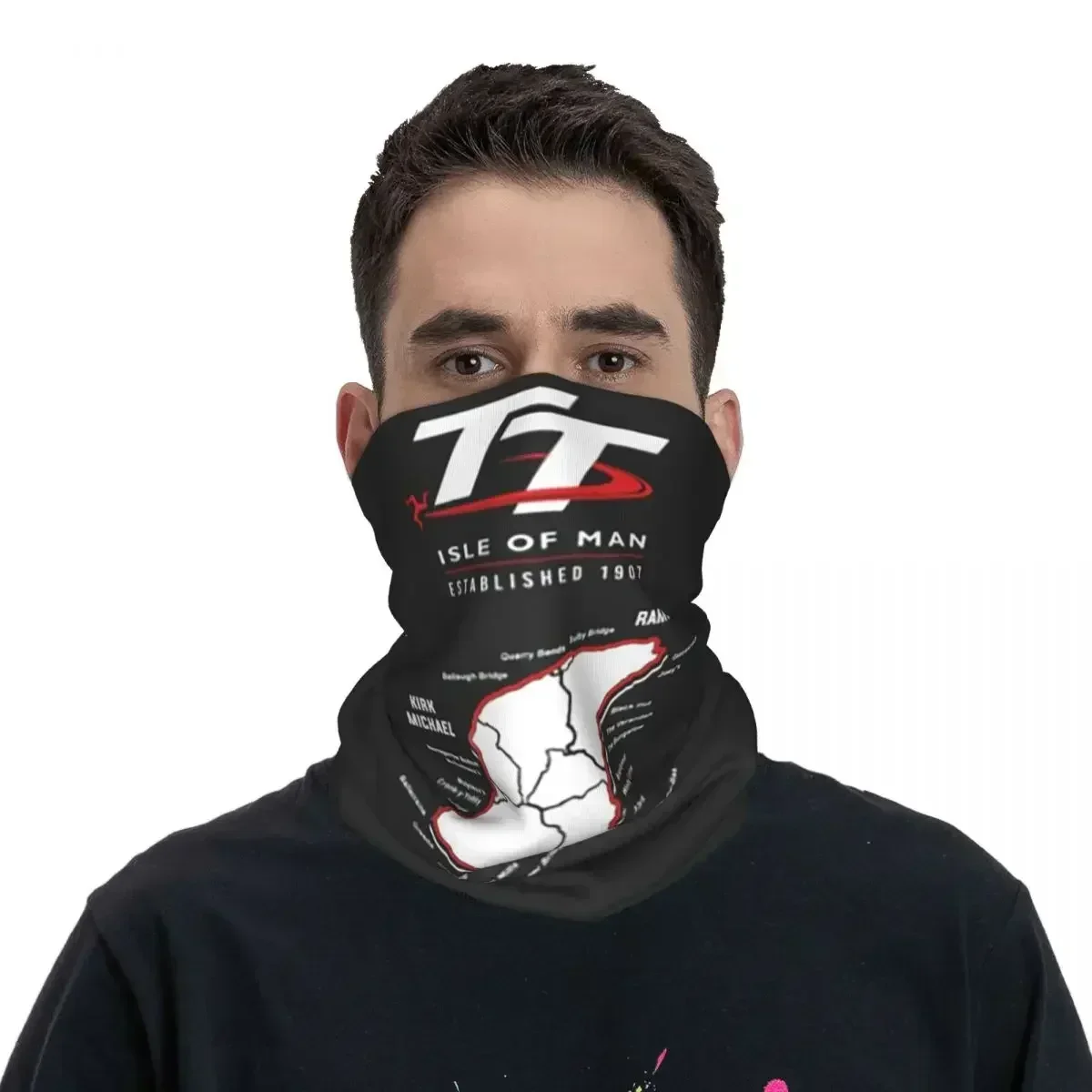 Isle Of Man TT Motorcycle Bandana Neck Gaiter Printed Wrap Scarf Warm Headband Hiking for Men Women Adult All Season