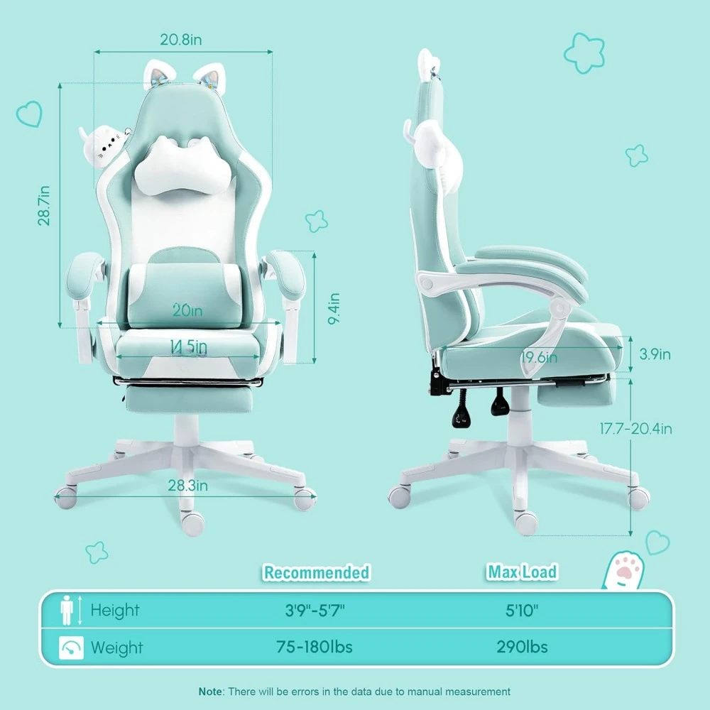 Ergonomic Computer Chair for Girl with Footrest and Headrest, Comfortable Reclining Game Chair 290lbs for Adult,Teen,Blue Green 5
