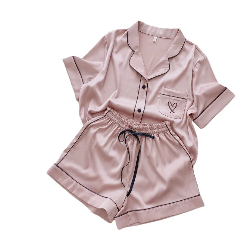 Ling 2pcs Womens Ice Silk Pajamas Set Heart Print  Female Loungewear Cardigan Home Clothes Sleepwear PajamasSummer Short Sleeve