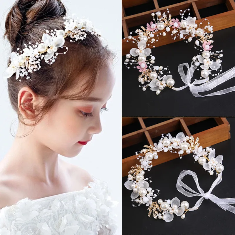 Hair Headdress Spring Bohemian Girls Bridal Pearl Hair Headdress Flower Wreath Bride Garland Head Hoop Headbands Hair Jewelry Children Gifts