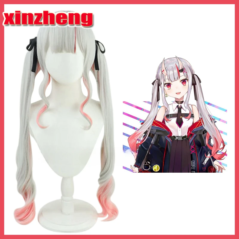 

VTuber Nakiri Ayame парик кудрявые хвосты Hololive Косплей смешанный серый розовый 100 см длинные волосы Youtuber девушки Holo без граффити