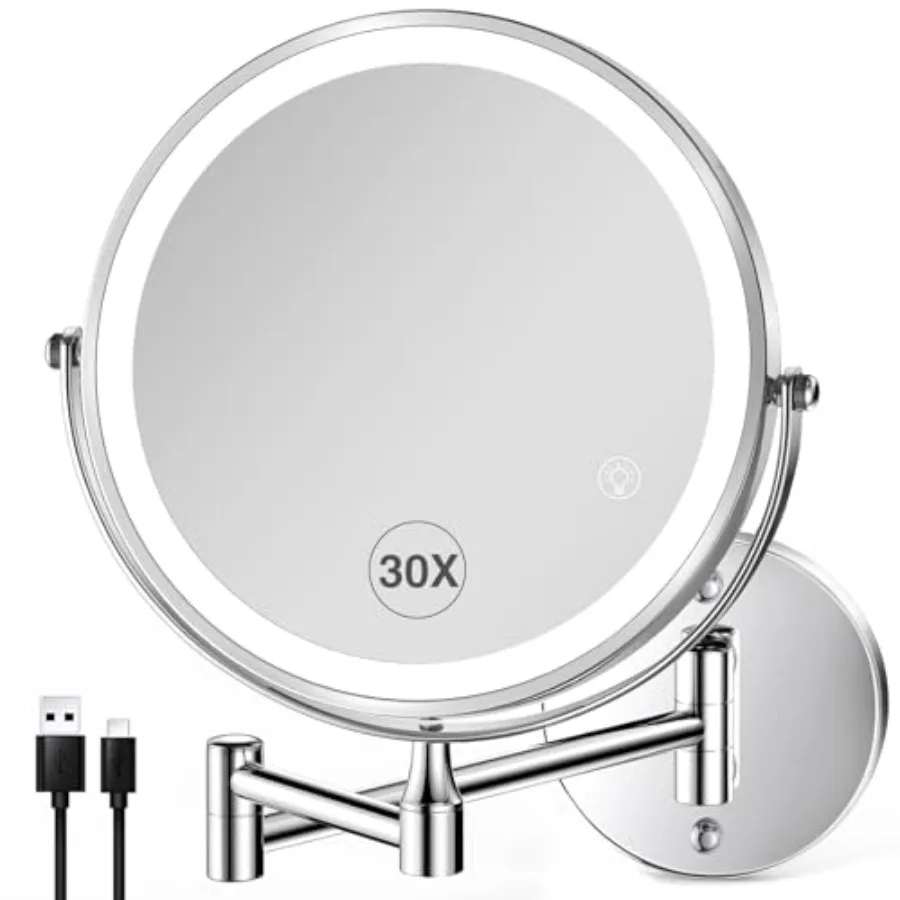 30X LED Lighted Makeup Mirror: 8.5in Wall Mounted Magnifying Mirror with Light - Chrome