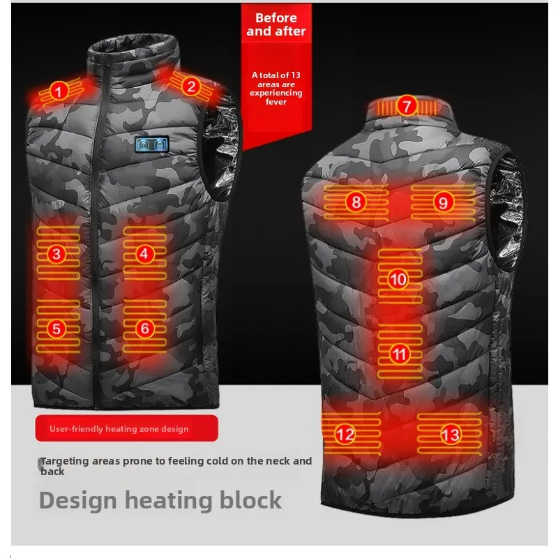 Men's Camouflage Heated Cotton Filled Vest Outdoor Multi-Sport Functional Sleeveless Jacket Fishing Hiking Skiing Activities