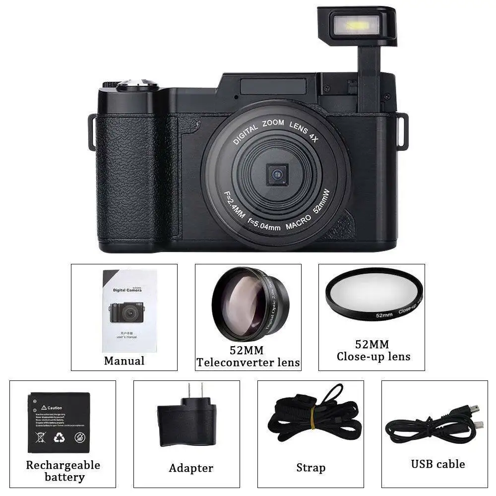 HD Digital Camera 24MP Photographic Camera 4x Zoom Rotating Screen Professional EIS Video W/ Wide Lens