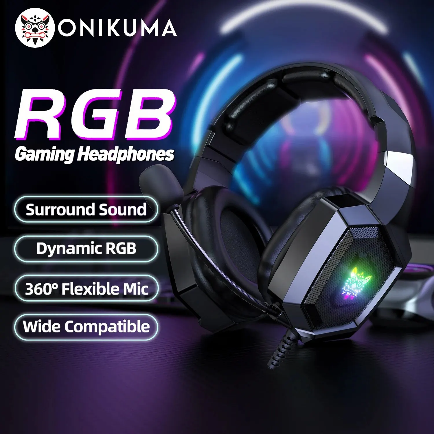 Wired Gaming Headset ONIKUMA Gaming Headphones with Flexible HD Mic RGB Light For PC