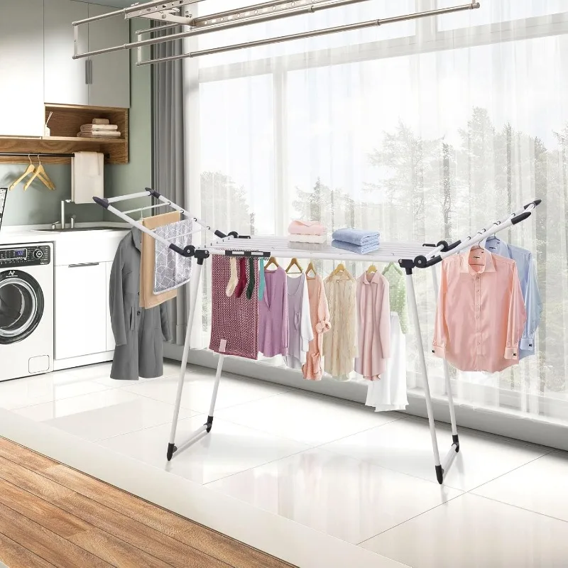 Clothes Drying Rack Adjustable Gullwing and Foldable Space-Saving Laundry Rack for Indoor or Outdoor Use, Grey