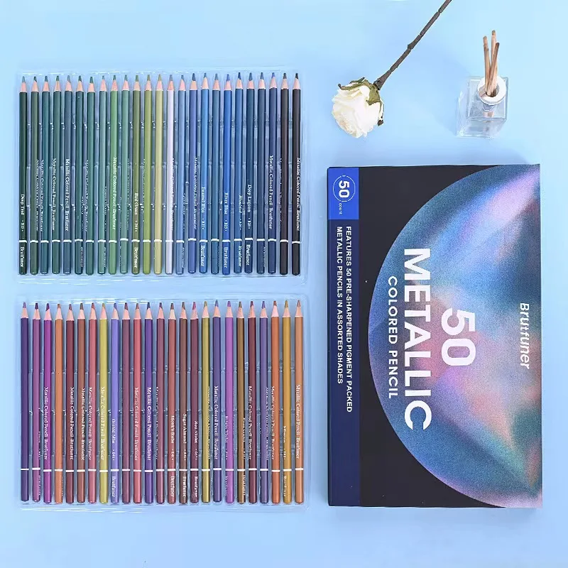 Brutfuner 50pcs Metallic Colored Pencil Set Paper Box Set Soft Sketch Painting Pencil Art School Supplies Artist Coloring Set 95pcs professional sketching drawing set complete artist kit colored pencils sanding board supplies