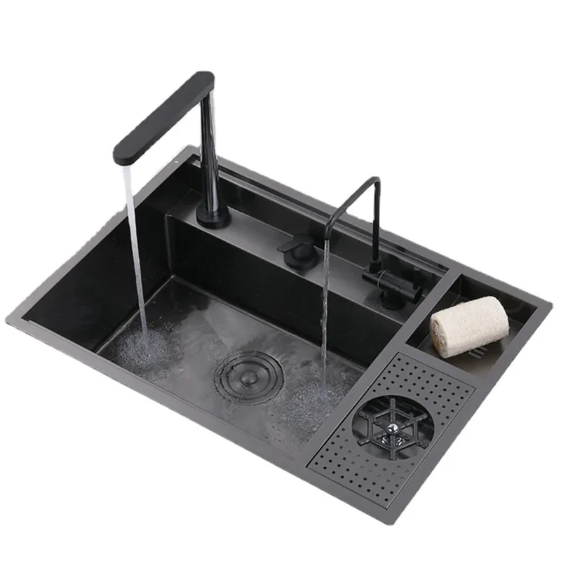 Multifunctional Black Concealed Kitchen Sink with Lid Stainless Steel Bar Built-In Vegetable Sink with Cup Wash Middle Downspout 6