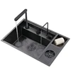 Multifunctional Black Concealed Kitchen Sink with Lid Stainless Steel Bar Built-In Vegetable Sink with Cup Wash Middle Downspout 6