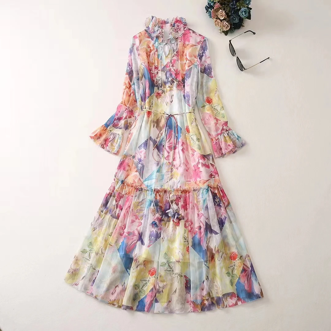 

European and American women's clothes 2023 summer new Flared long sleeve Petal stand collar fashion Printed Pleated Dress XXL