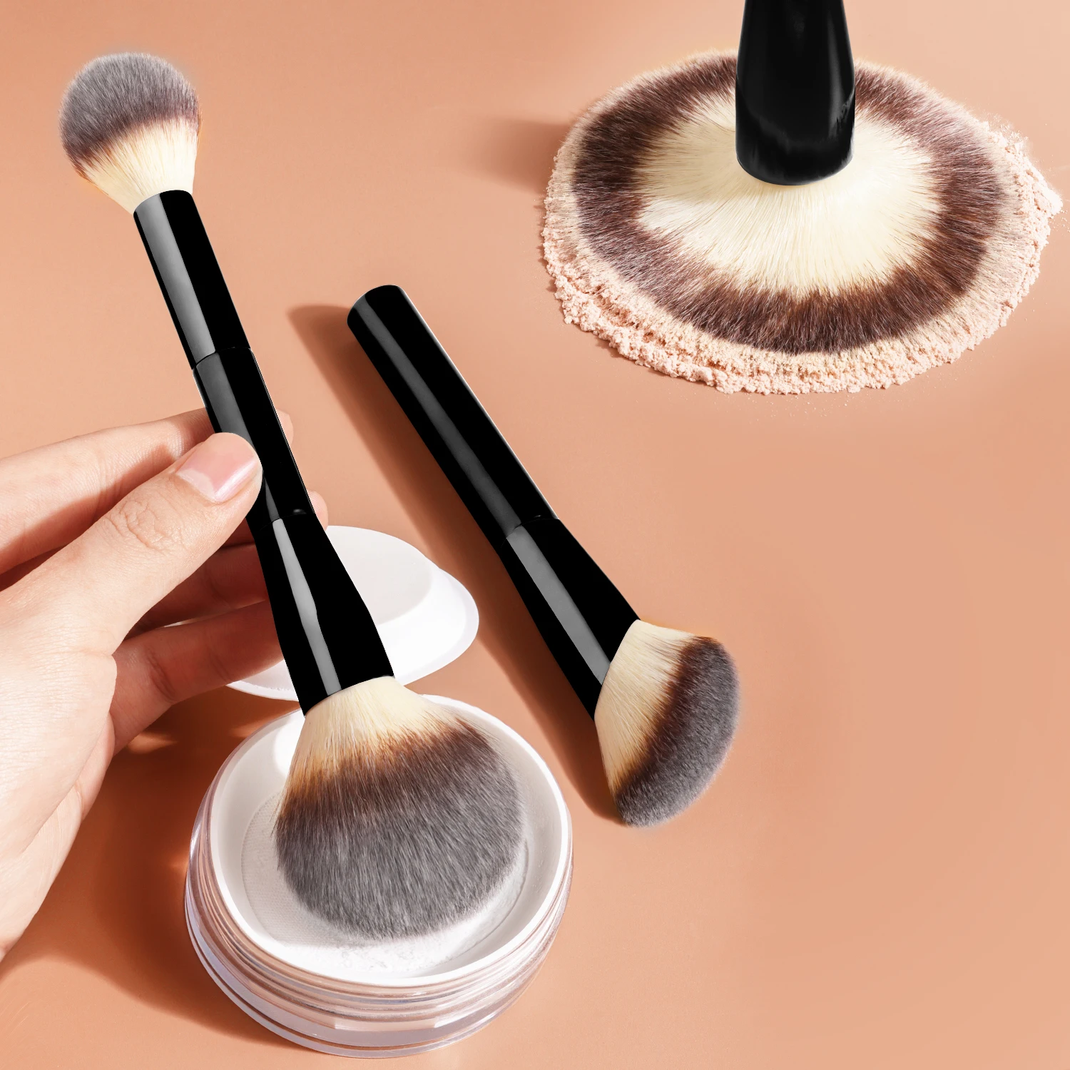 2Pcs 양면 메이크업 브러쉬 세트 대형 라운드 루스 파우더 브러쉬 각진 컨투어..