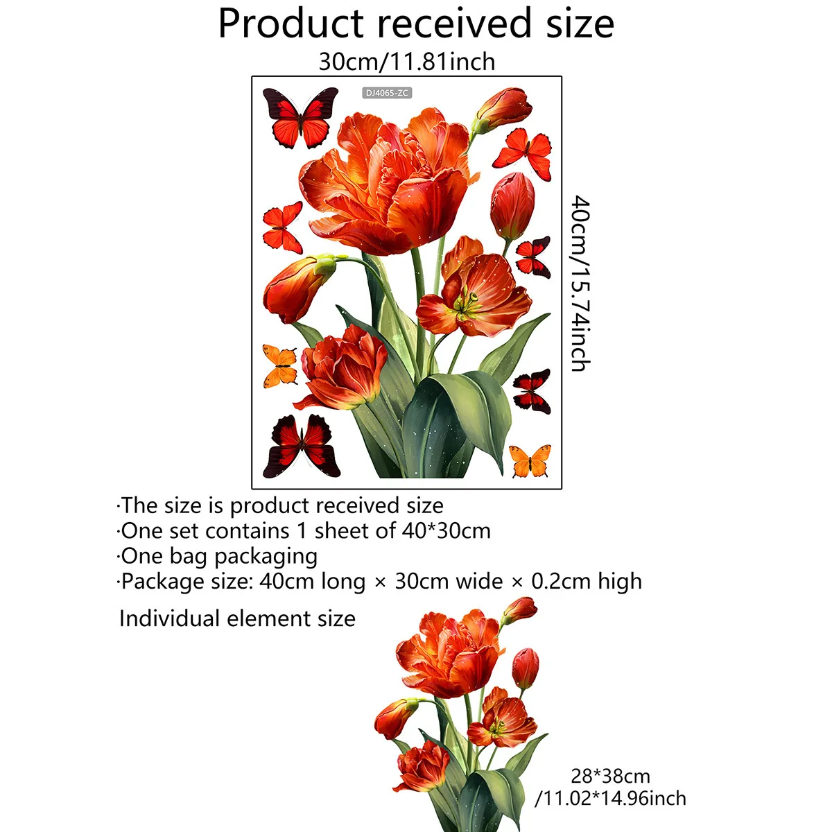 Window Stickers Fresh Floral Orange Tulip Colourful Butterfly Window Cling Static Sticker For Home Office School Shop Window Glass Decor