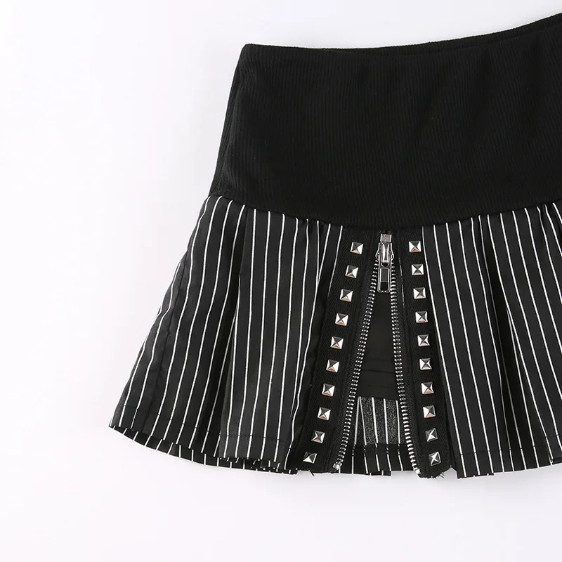 Slim Fashion Sexy Lightclub Zipper Gothic Rivet Striped High Waist Women Casual Vintage Mini A-line Skirts Girl Pleated Skirt Skirts