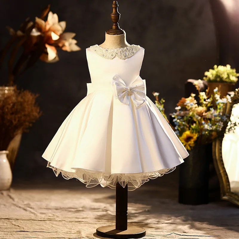 White Satin Flower Girl Dresses For Wedding Pearls Puffy With Bow Cute Party Kids Baby Pageant Birthday Ball Gowns Dress 2024 1