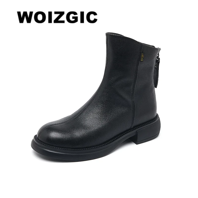 Winter Snow Boots WOIZGIC Women's Genuine Leather Ankle Boots Split Zipper Winter Fur Plush Warm Autumn Platform