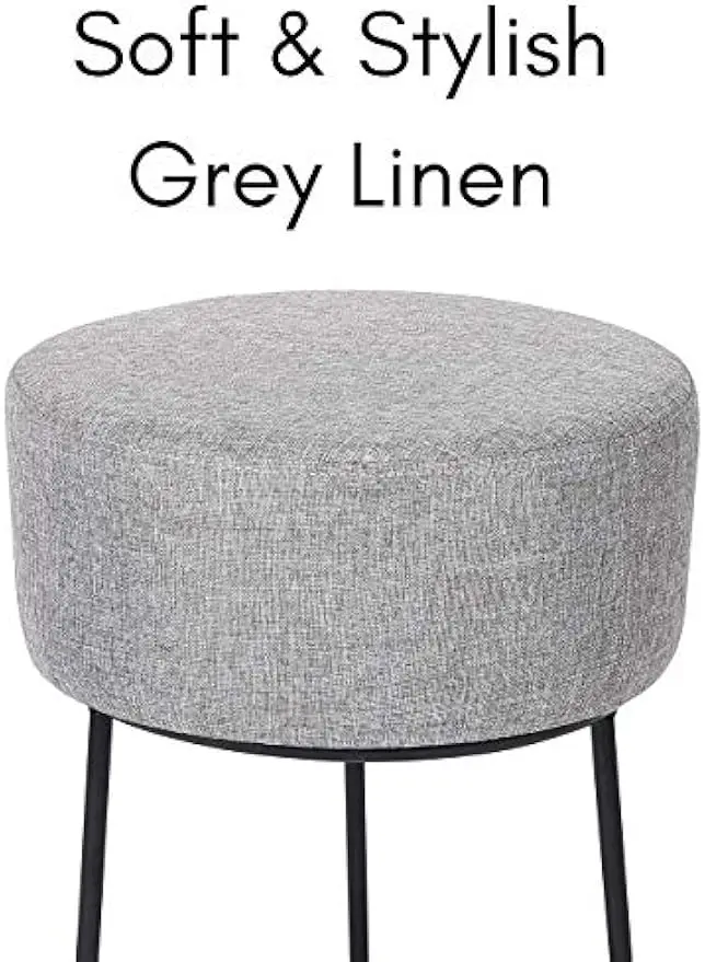 Foot Rest Linen Ottoman - Upholstered Vanity Chair with Black Metal Legs - Soft Padded Round Stool for Living Room, Bedroom