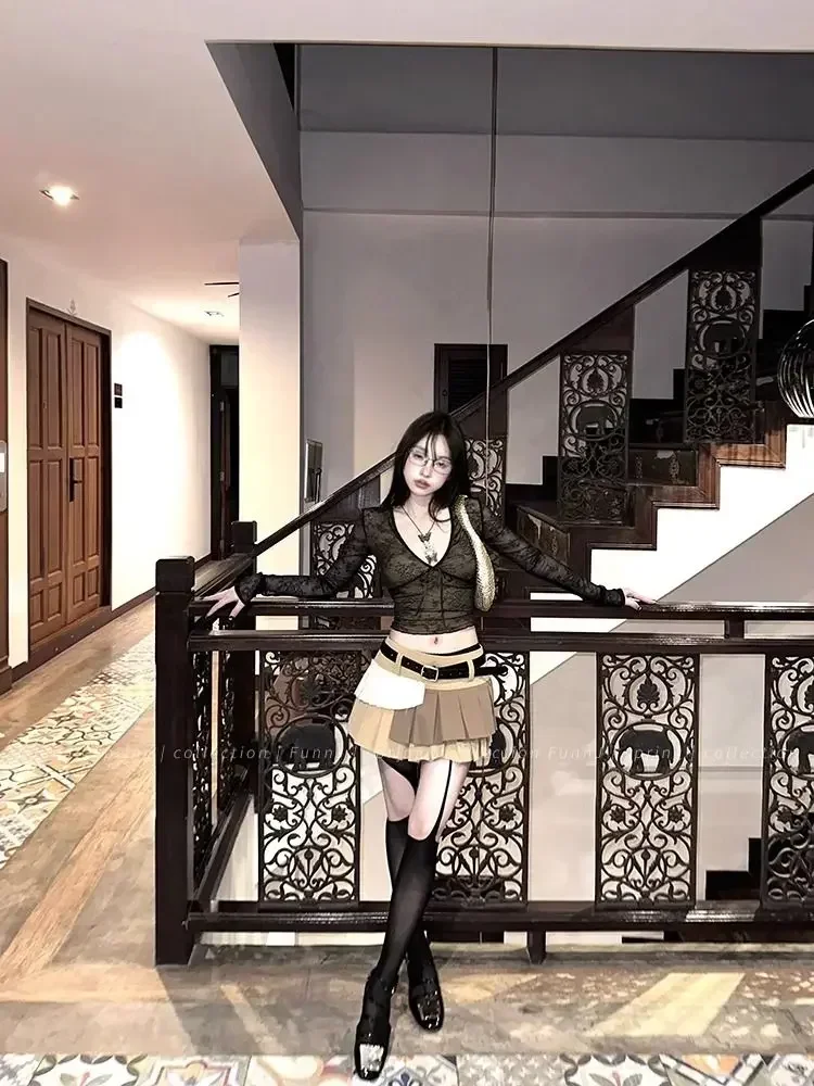 Korean Fashion Crop Top y2k Aesthetic Sweet Lace Patchwork Long Sleeve T Shirt with Bow 2000s Women Clothes Streetwear