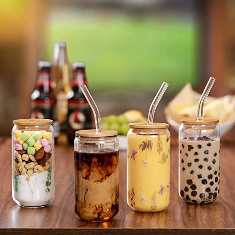 Wholesale 16oz Glass Cup Glasses Beer Can Glass with Bamboo Lid and Straws  for Iced Coffee Glasses From m.