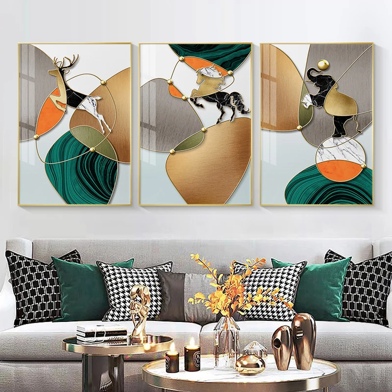 

Modern Golden Deer Canvas Painting Animals Horse Wall Art Decor Print Poster Picture Gold Geometric Living Room Home Decoration