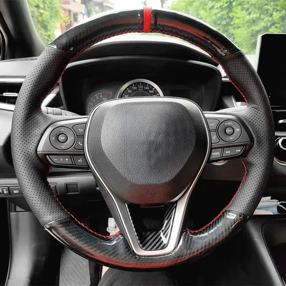 

Car Steering Wheel Cover Black Genuine Leather Carbon Fiber For Toyota Camry 2018-2019 Avalon 2019 Corolla 2019-2020 RAV4 2019
