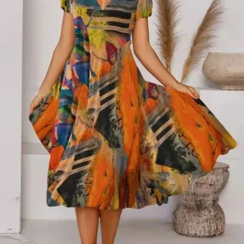 여성 브이넥 프린트 하이웨이스트 반팔 원피스, 섹시한 이브닝 파티, 플러스 사이즈, 2023 여름