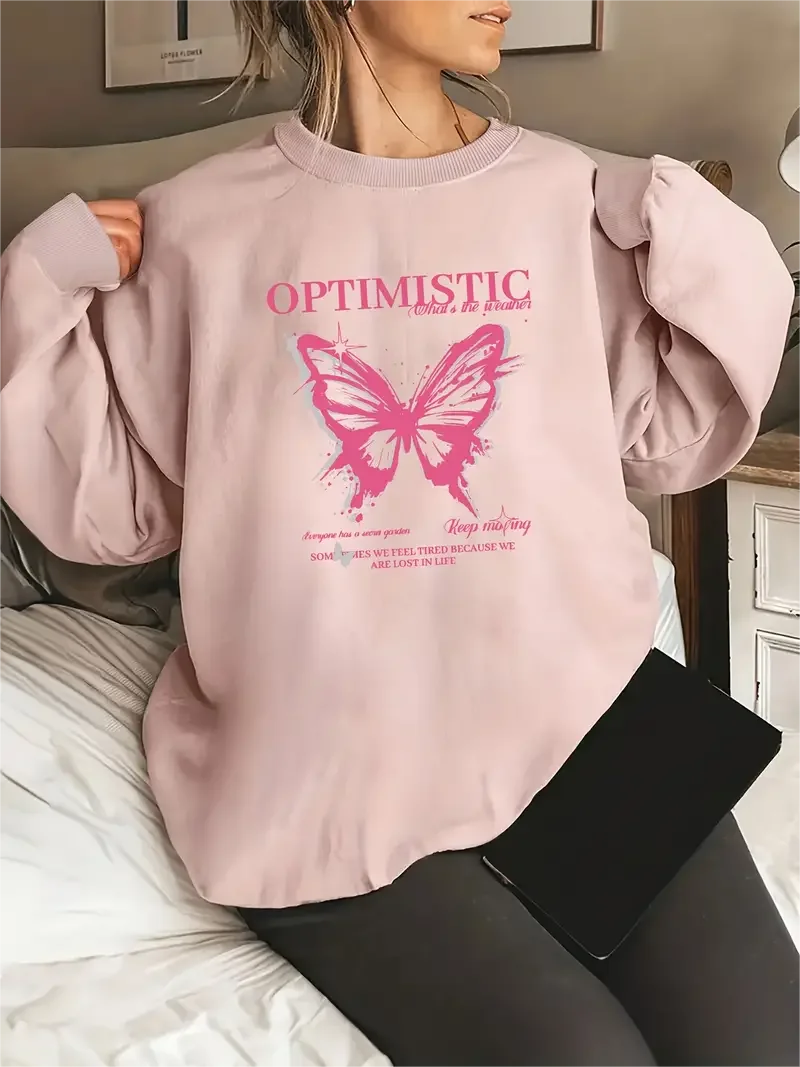 Women Butterfly Print Long Sleeve Crew Neck Slight Stretch Pullover Sweatshirt Casual Tops For Fall & Winter