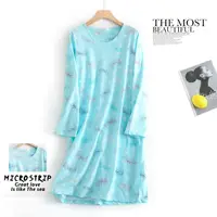 Women Summer Knitted Cotton Nightgown Loose Sleeping Nightdress Long Sleeve Nightwear Gown Cute Cartoon Plus Size Home Dress